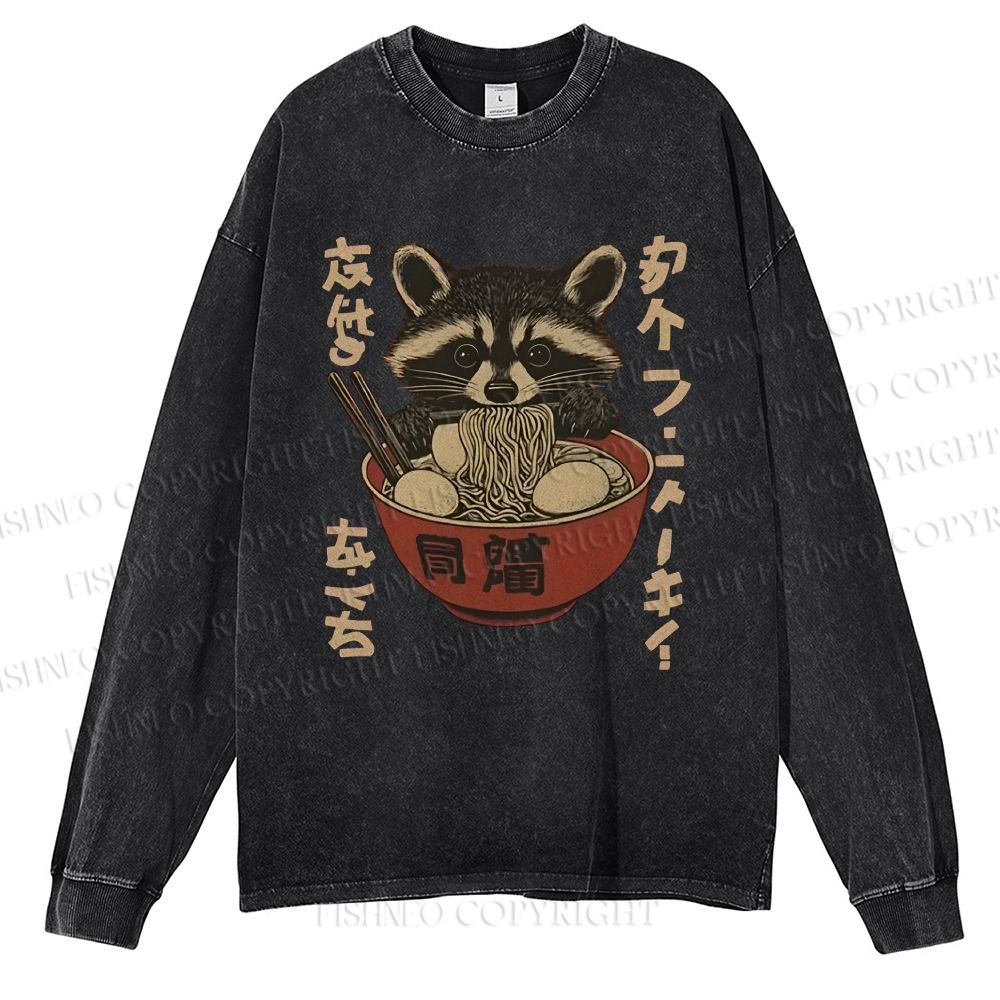 Unisex Casual Washed Ramen Raccoon Printed Long Sleeve T-shirt