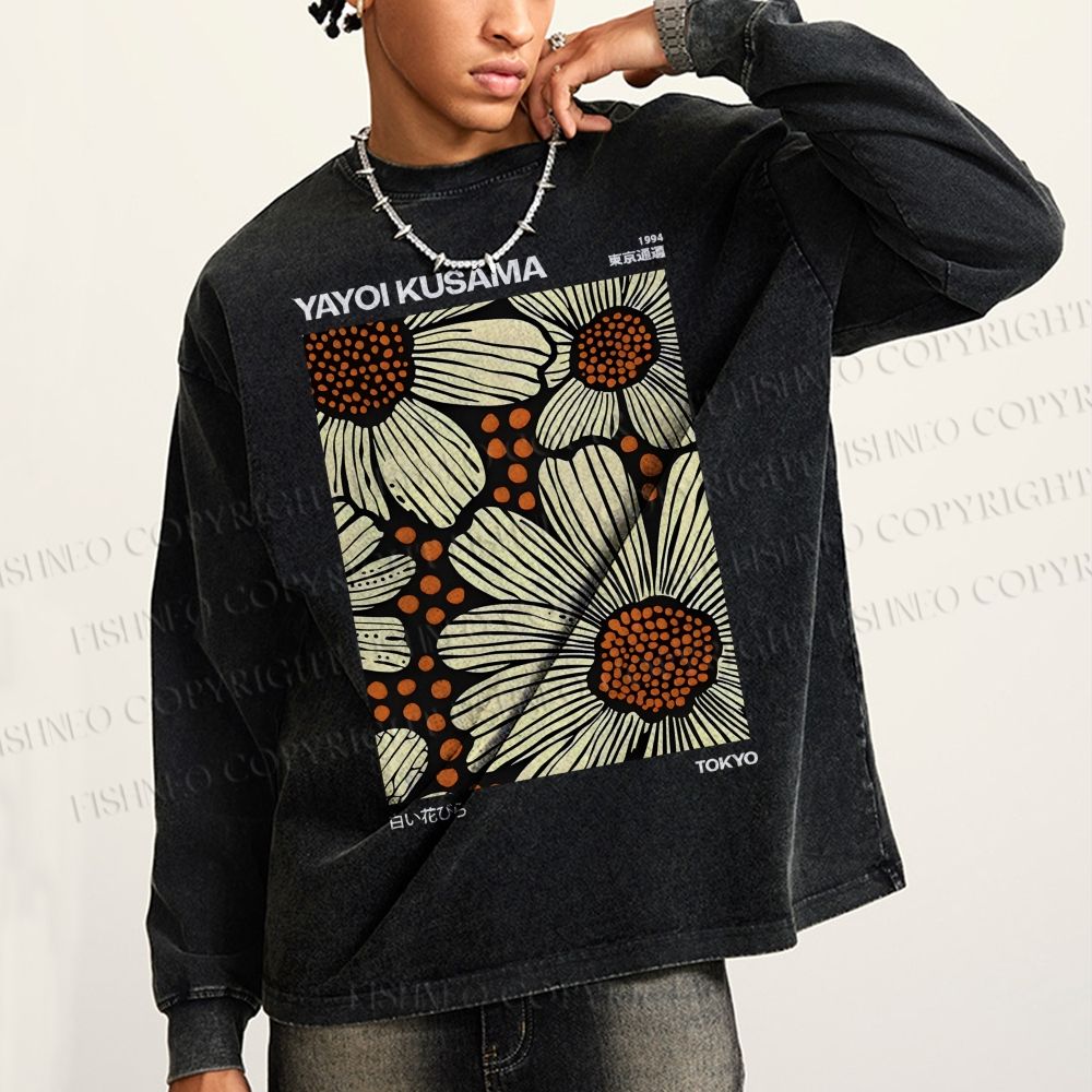 Unisex Casual Washed Yayoi Kusama Vintage  Printed Long Sleeve T-shirt