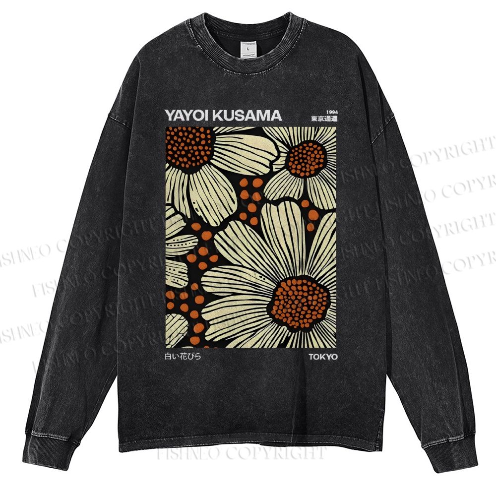 Unisex Casual Washed Yayoi Kusama Vintage  Printed Long Sleeve T-shirt