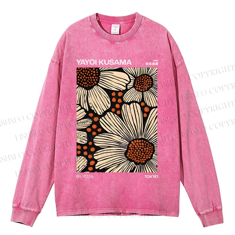 Unisex Casual Washed Yayoi Kusama Vintage  Printed Long Sleeve T-shirt
