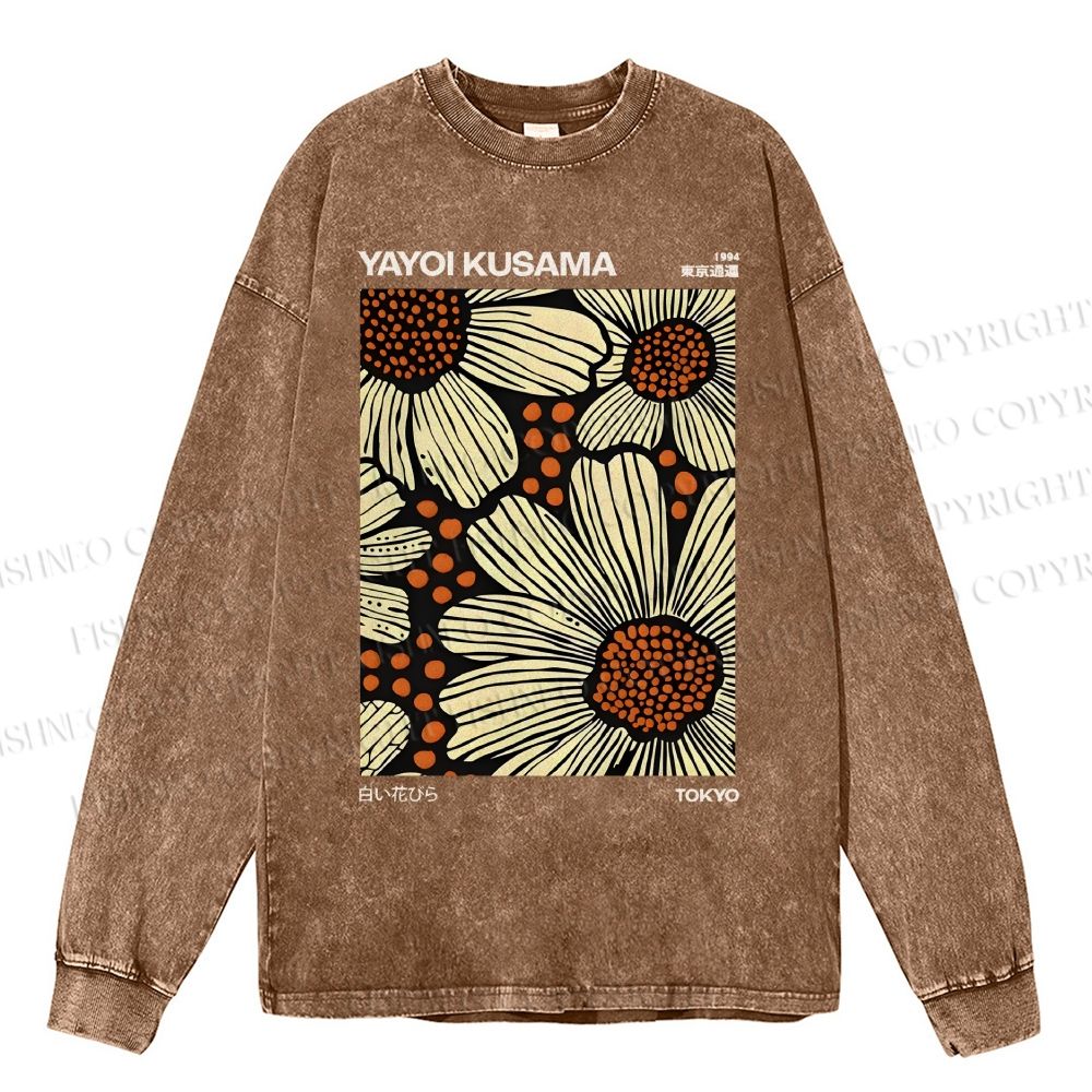 Unisex Casual Washed Yayoi Kusama Vintage  Printed Long Sleeve T-shirt