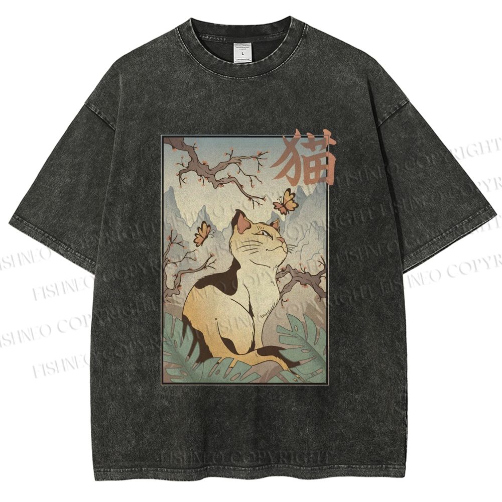 Unisex Japanese Ukiyo-e Cats Printed Washed Tee