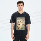 Unisex Japanese Ukiyo-e Cats Printed Washed Tee