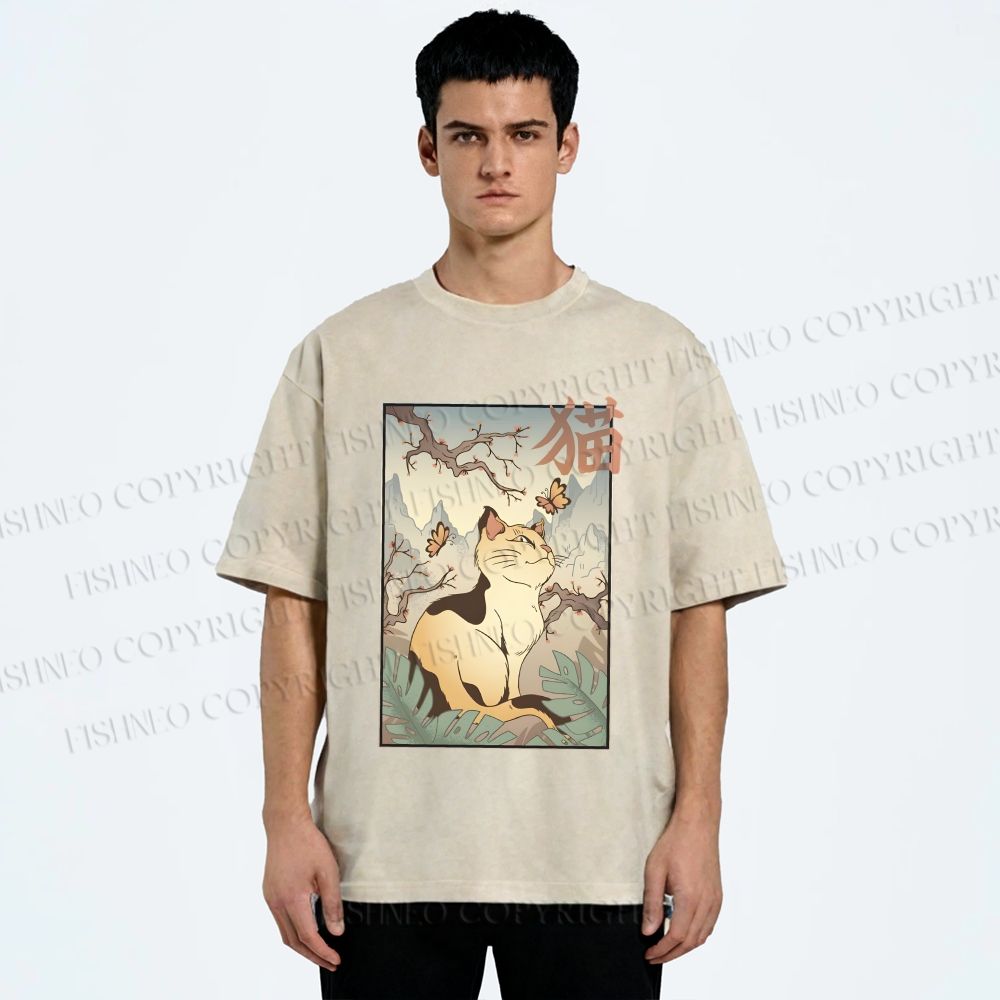 Unisex Japanese Ukiyo-e Cats Printed Washed Tee