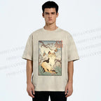 Unisex Japanese Ukiyo-e Cats Printed Washed Tee