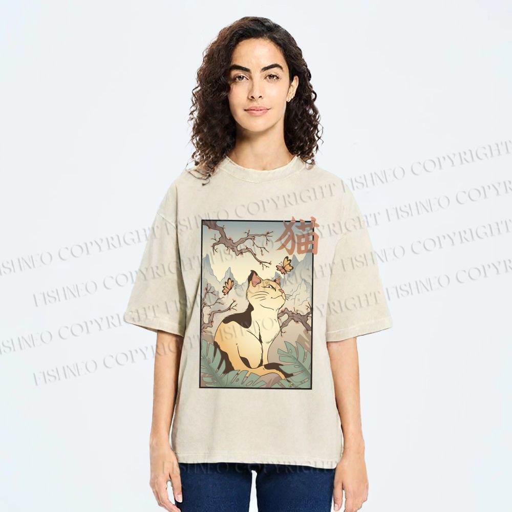 Unisex Japanese Ukiyo-e Cats Printed Washed Tee