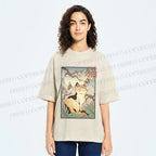 Unisex Japanese Ukiyo-e Cats Printed Washed Tee