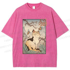 Unisex Japanese Ukiyo-e Cats Printed Washed Tee