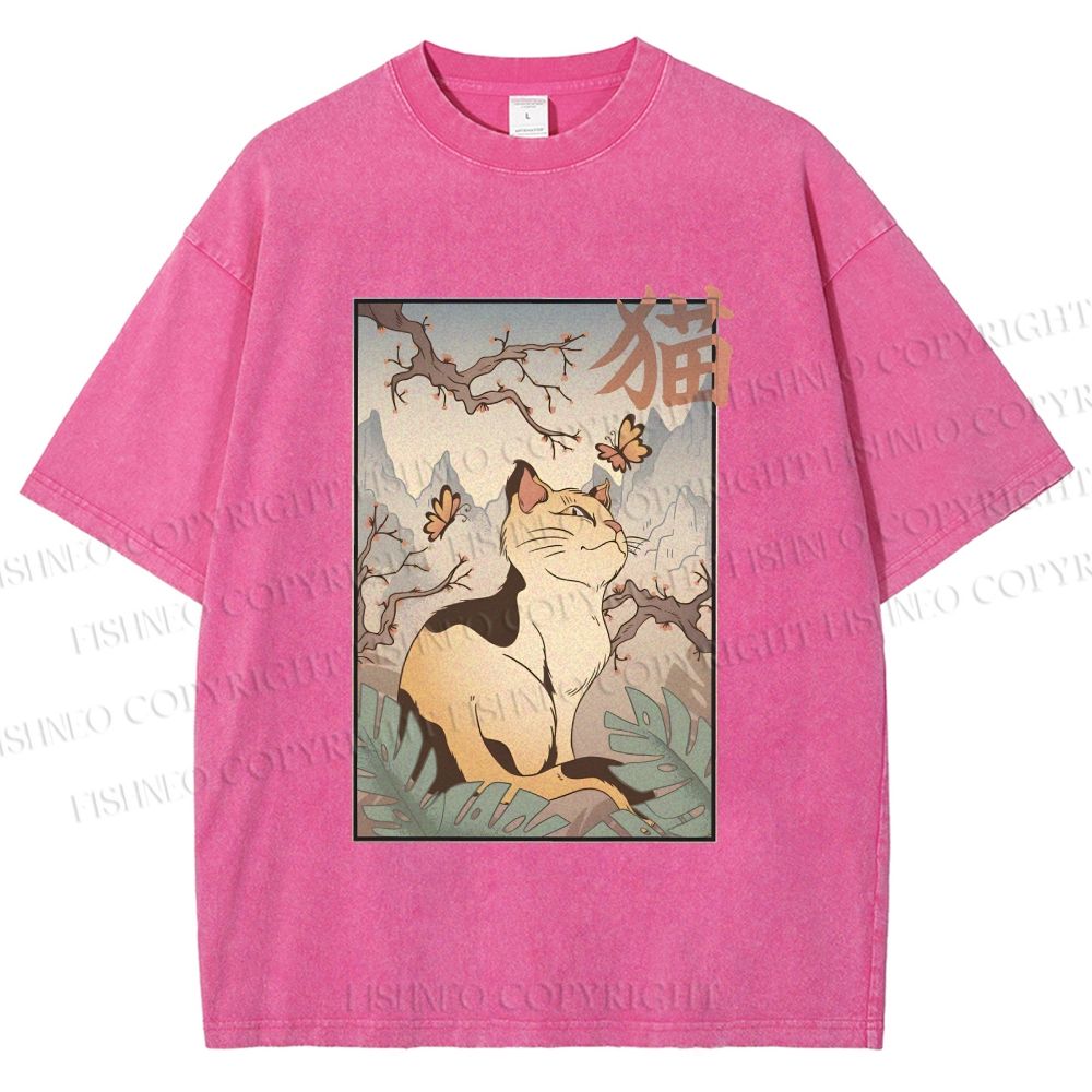 Unisex Japanese Ukiyo-e Cats Printed Washed Tee