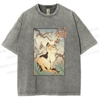Unisex Japanese Ukiyo-e Cats Printed Washed Tee