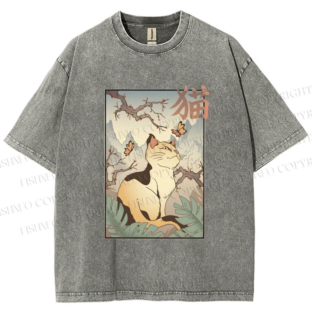 Unisex Japanese Ukiyo-e Cats Printed Washed Tee