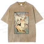 Unisex Japanese Ukiyo-e Cats Printed Washed Tee
