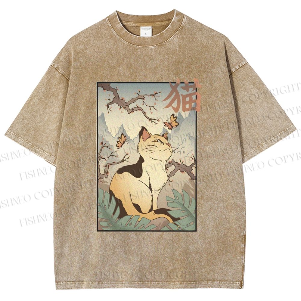 Unisex Japanese Ukiyo-e Cats Printed Washed Tee