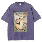 Unisex Japanese Ukiyo-e Cats Printed Washed Tee