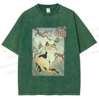 Unisex Japanese Ukiyo-e Cats Printed Washed Tee