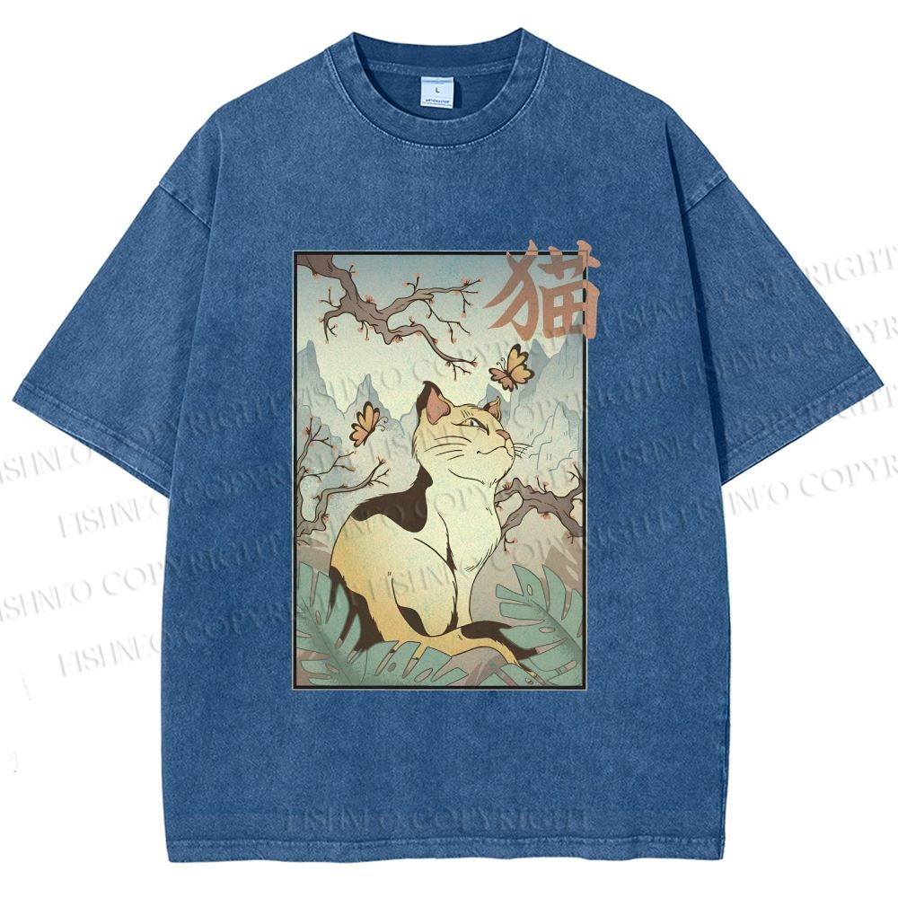 Unisex Japanese Ukiyo-e Cats Printed Washed Tee