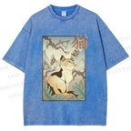 Unisex Japanese Ukiyo-e Cats Printed Washed Tee