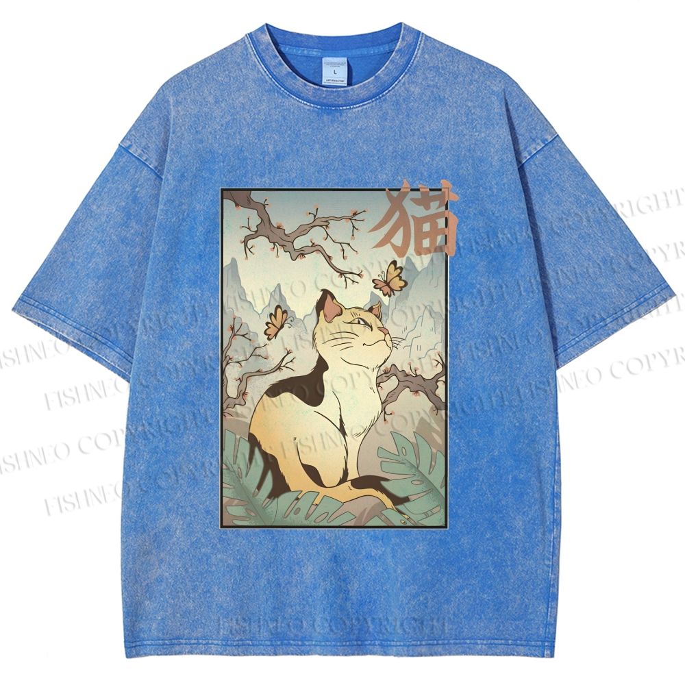 Unisex Japanese Ukiyo-e Cats Printed Washed Tee