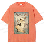 Unisex Japanese Ukiyo-e Cats Printed Washed Tee