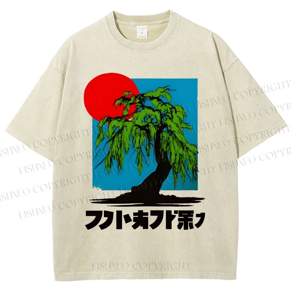 Unisex Japanese Willow Tree Art Printed Washed Tee