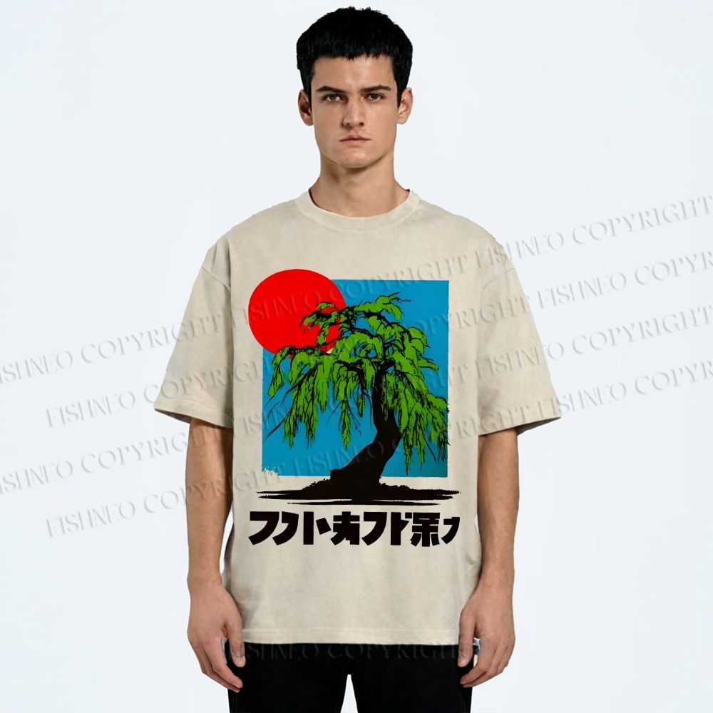 Unisex Japanese Willow Tree Art Printed Washed Tee