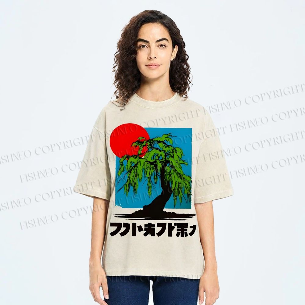 Unisex Japanese Willow Tree Art Printed Washed Tee