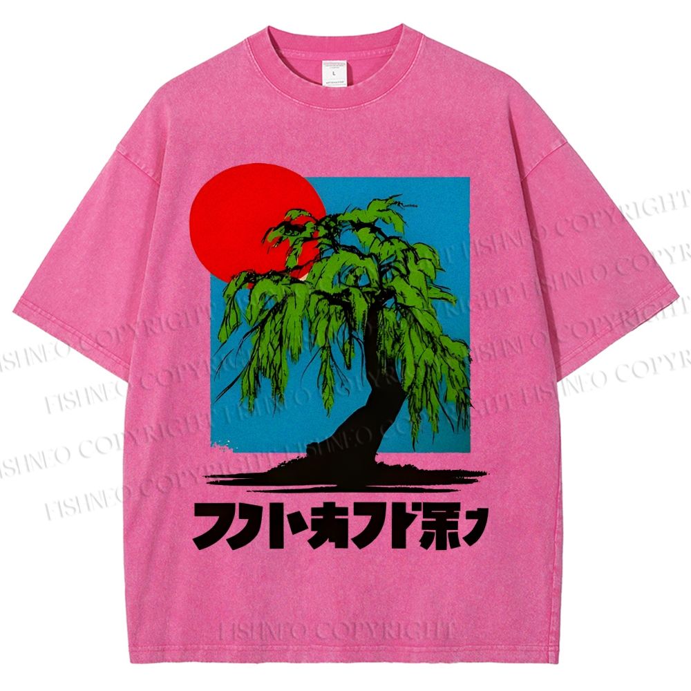 Unisex Japanese Willow Tree Art Printed Washed Tee