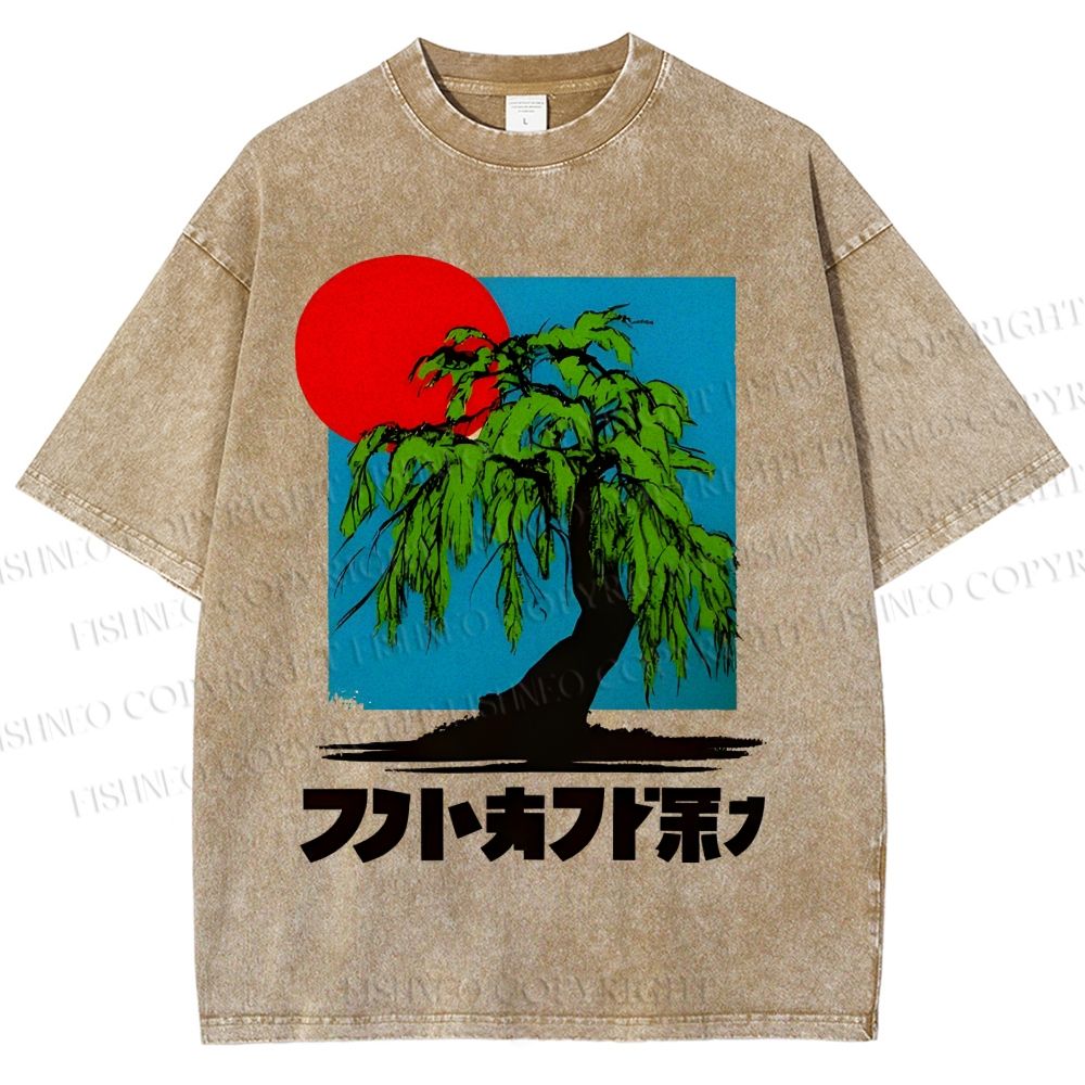 Unisex Japanese Willow Tree Art Printed Washed Tee