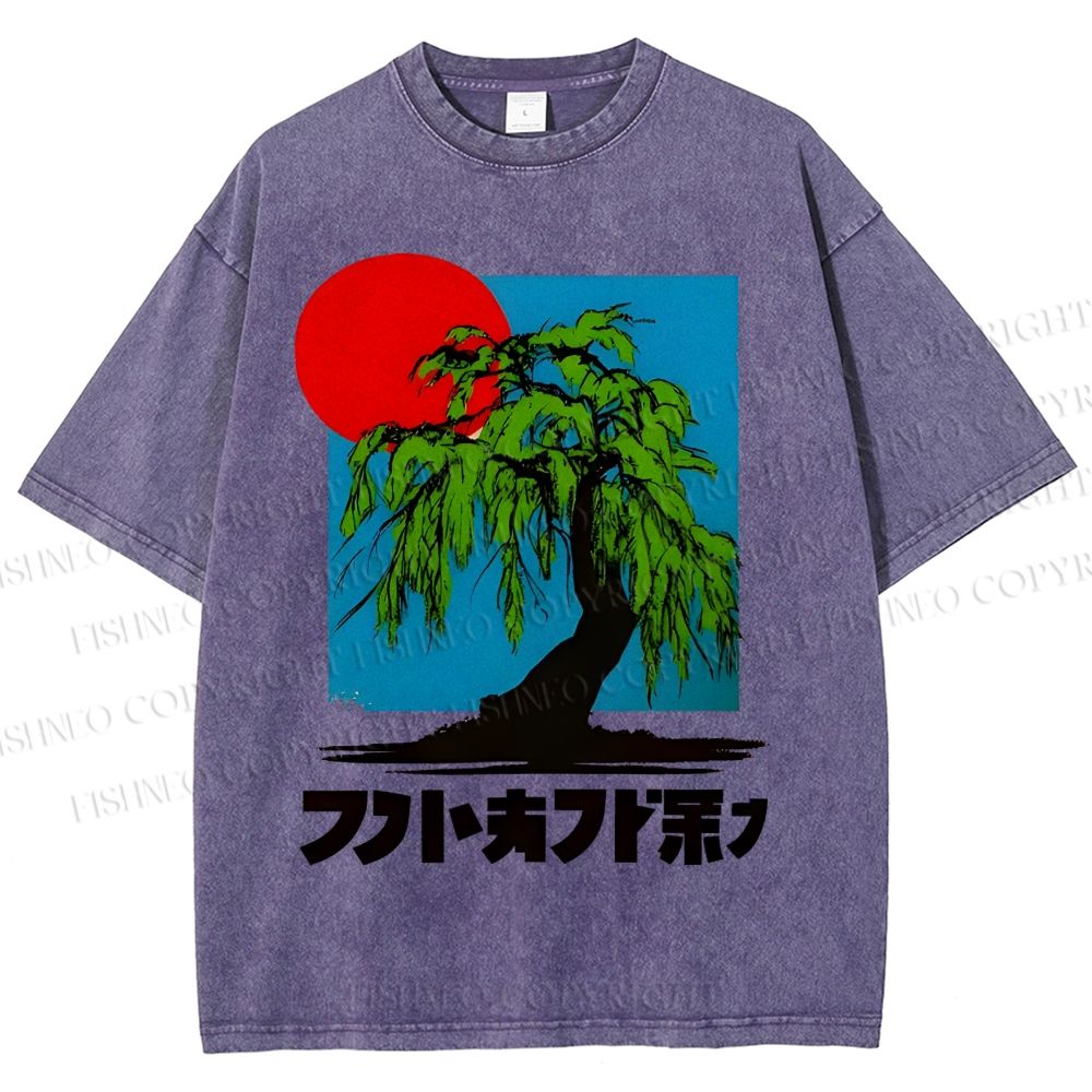 Unisex Japanese Willow Tree Art Printed Washed Tee