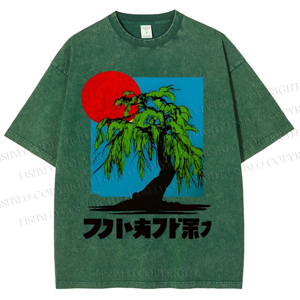 Unisex Japanese Willow Tree Art Printed Washed Tee