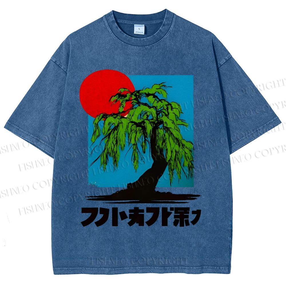 Unisex Japanese Willow Tree Art Printed Washed Tee