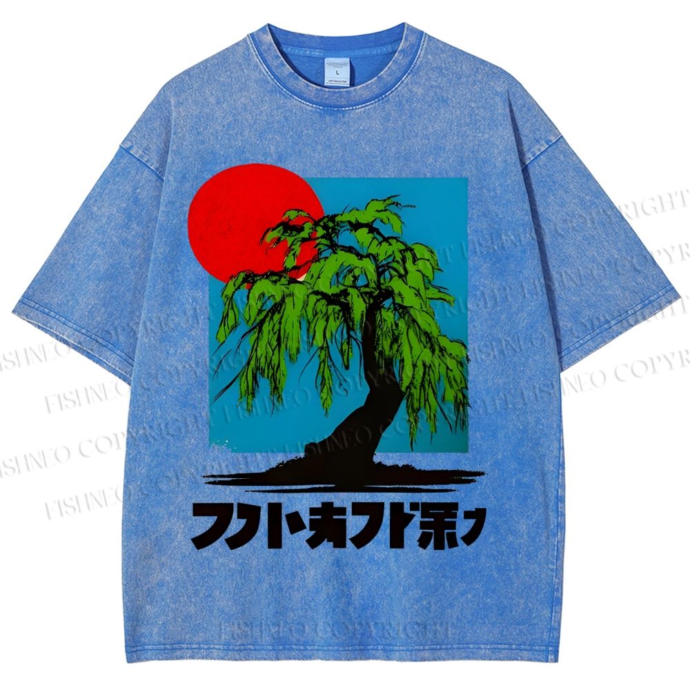 Unisex Japanese Willow Tree Art Printed Washed Tee
