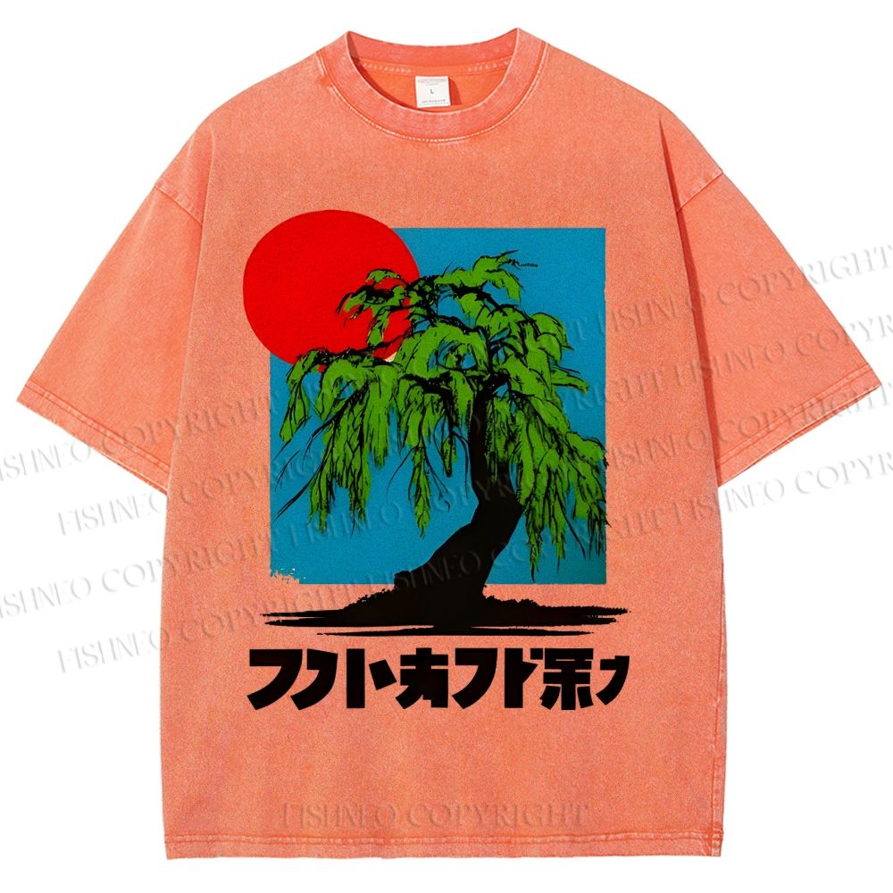 Unisex Japanese Willow Tree Art Printed Washed Tee