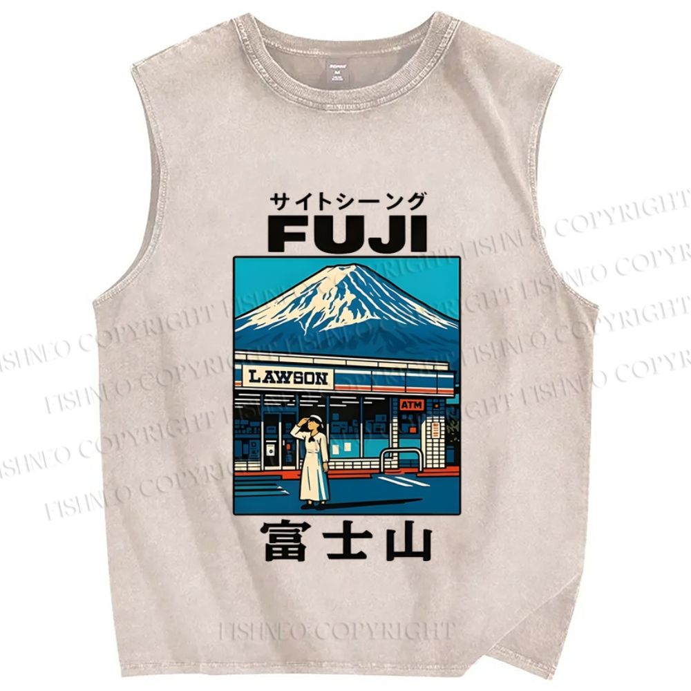 Unisex Mount Fuji Printed Washed Tank Top