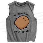 Unisex No Thoughts Only Potato Printed Washed Tank Top