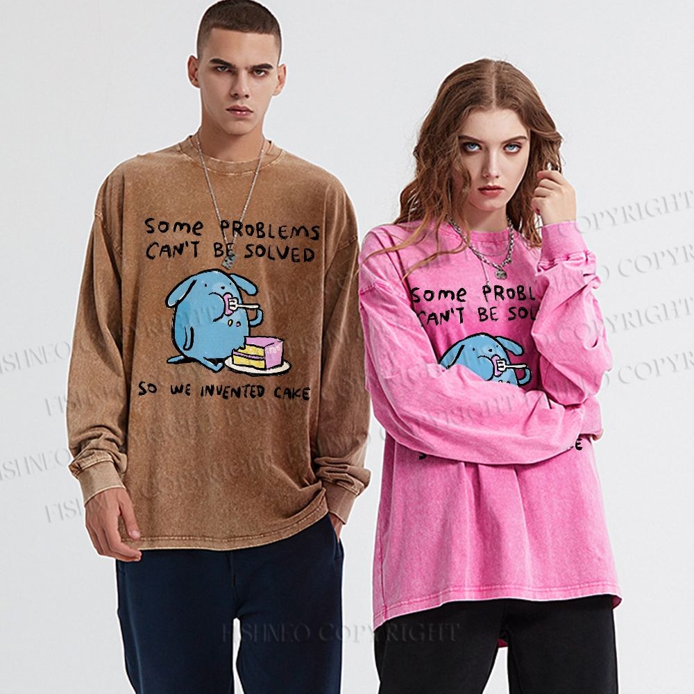 Unisex Casual Washed We Invented Cakes Printed Long Sleeve T-shirt