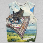 Unisex Cat With Flying Blanket Printed Tank Top