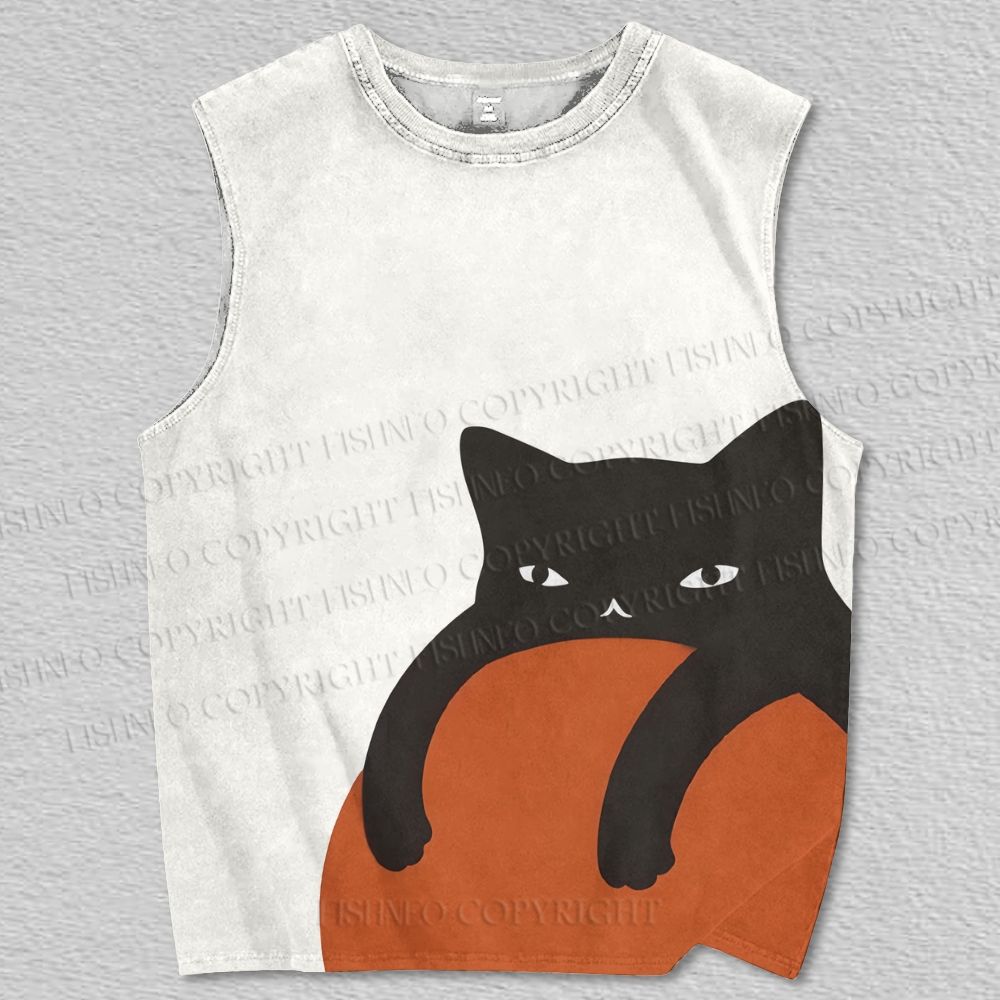 Unisex Lazy Black Cat Hugging Ball Printed Tank Top
