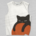 Unisex Lazy Black Cat Hugging Ball Printed Tank Top