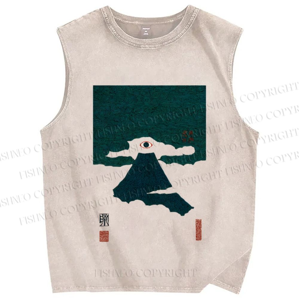 Unisex Floating Eye Mount Fuji Japanese Printed Washed Tank Top