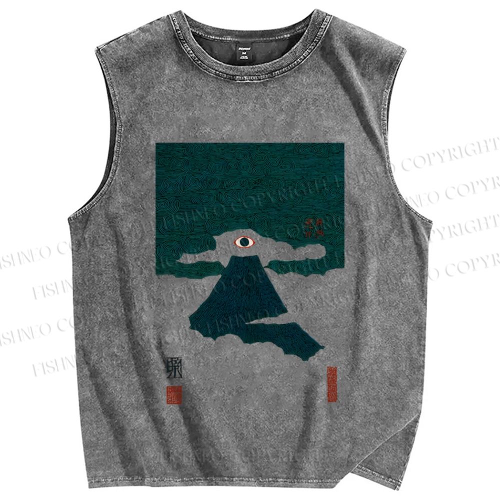 Unisex Floating Eye Mount Fuji Japanese Printed Washed Tank Top