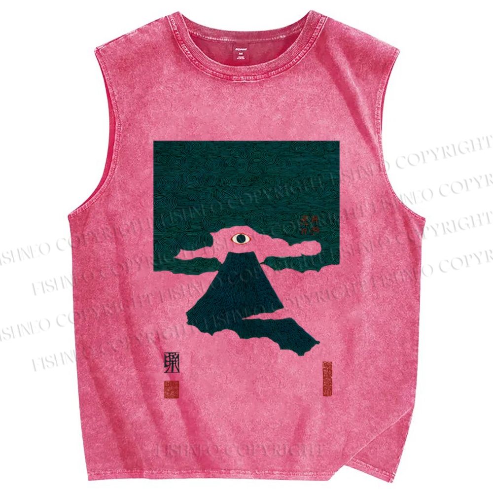 Unisex Floating Eye Mount Fuji Japanese Printed Washed Tank Top