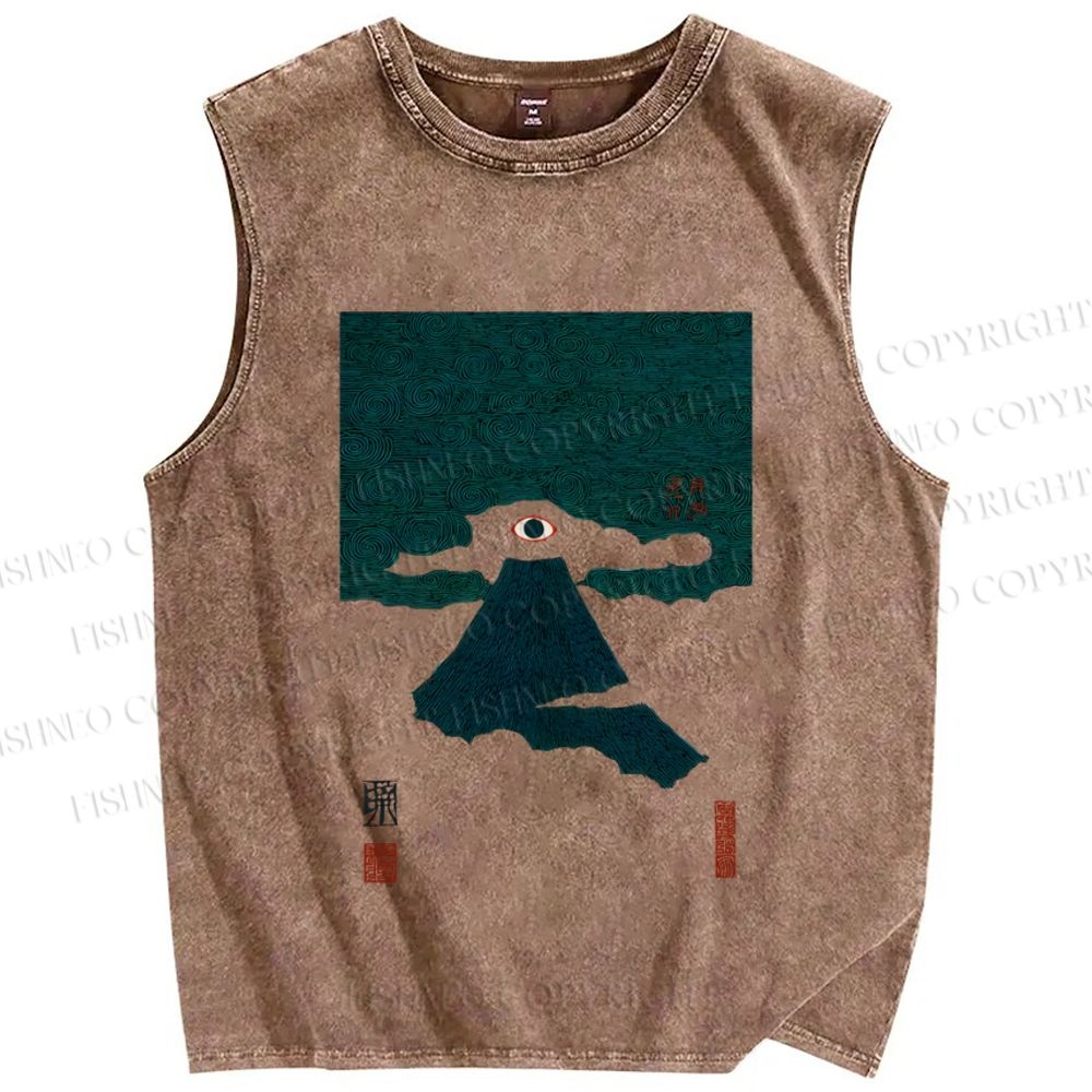 Unisex Floating Eye Mount Fuji Japanese Printed Washed Tank Top