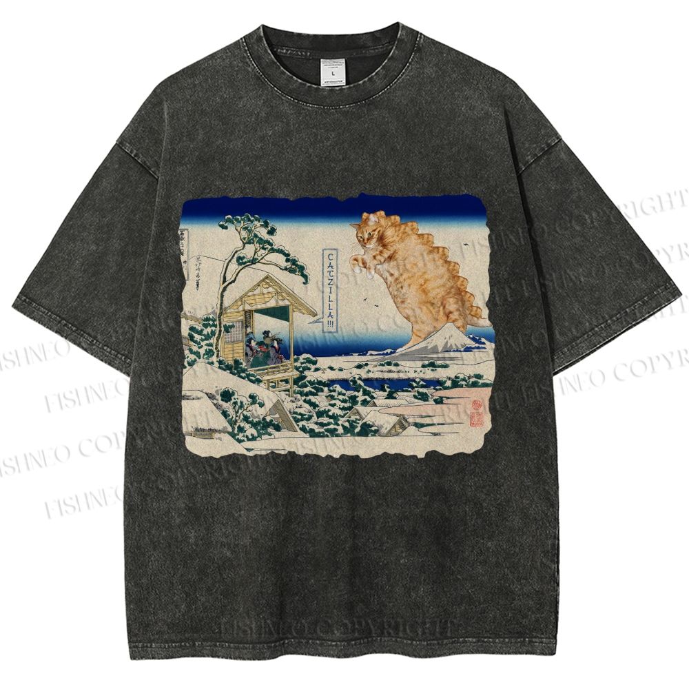 Unisex Catzilla in Japanese Ukiyo-e Art Printed Washed Tee