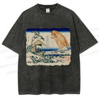 Unisex Catzilla in Japanese Ukiyo-e Art Printed Washed Tee