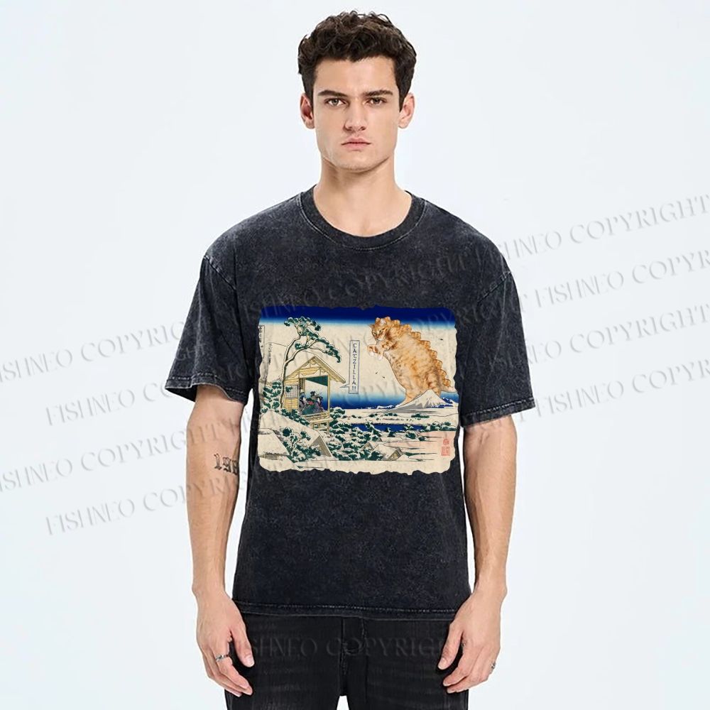 Unisex Catzilla in Japanese Ukiyo-e Art Printed Washed Tee
