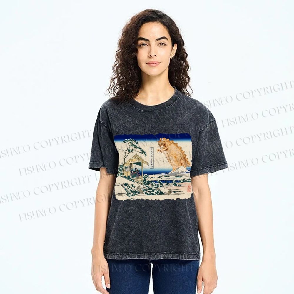 Unisex Catzilla in Japanese Ukiyo-e Art Printed Washed Tee