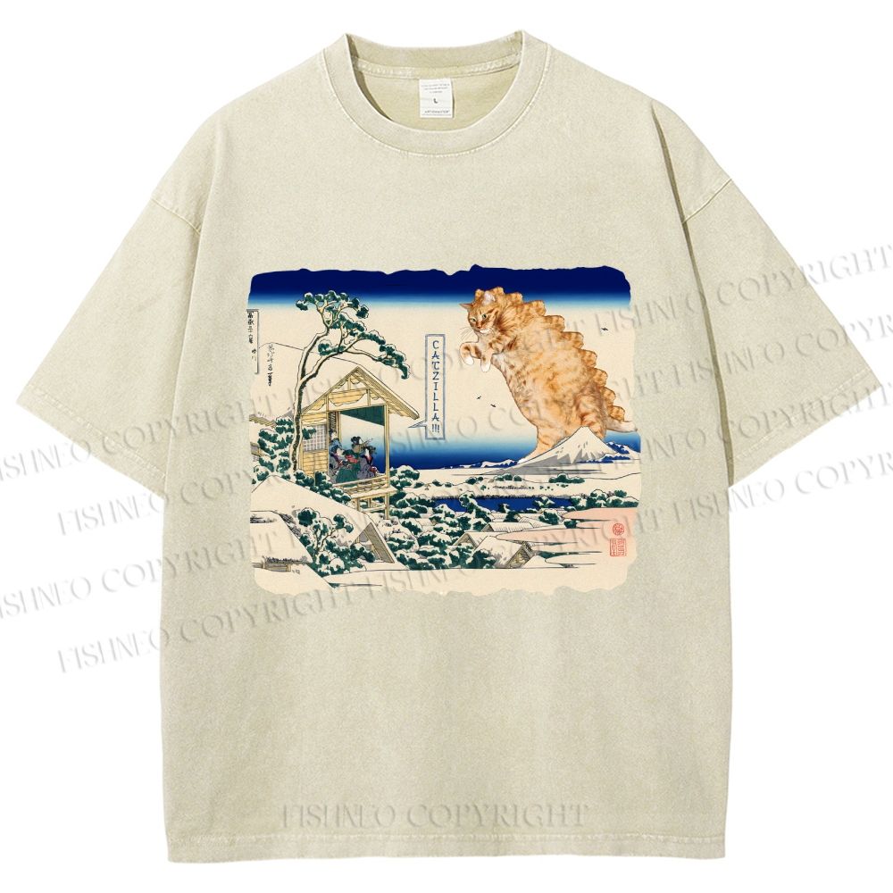 Unisex Catzilla in Japanese Ukiyo-e Art Printed Washed Tee
