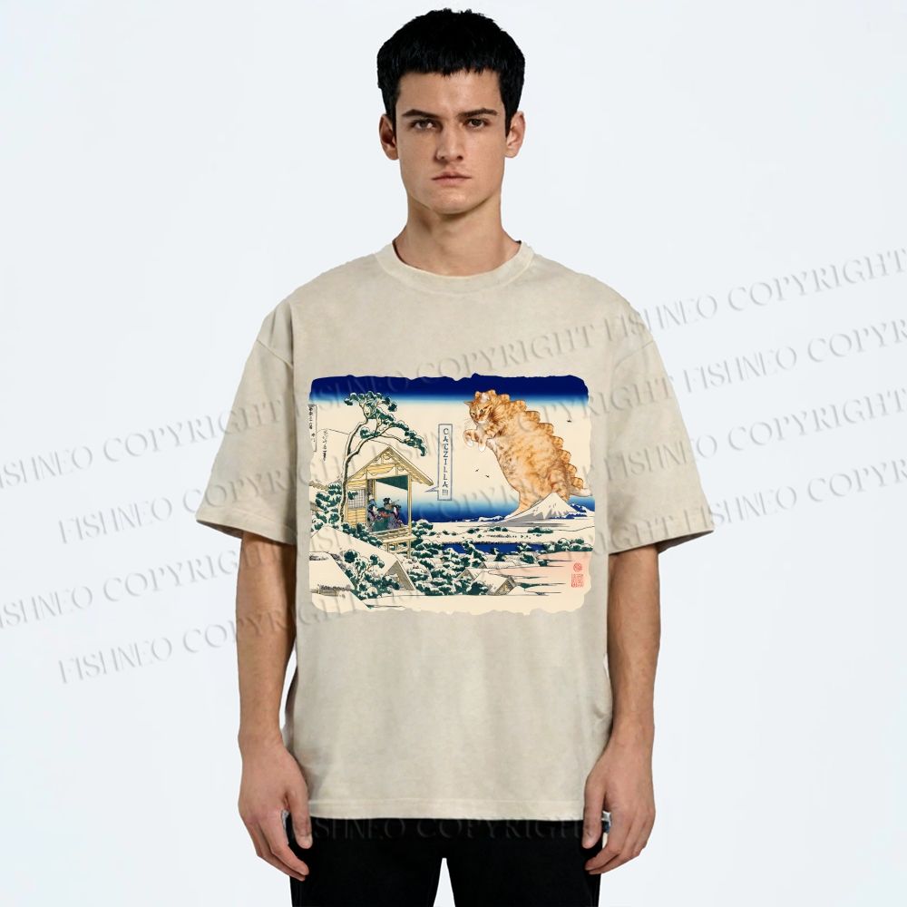 Unisex Catzilla in Japanese Ukiyo-e Art Printed Washed Tee