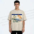 Unisex Catzilla in Japanese Ukiyo-e Art Printed Washed Tee